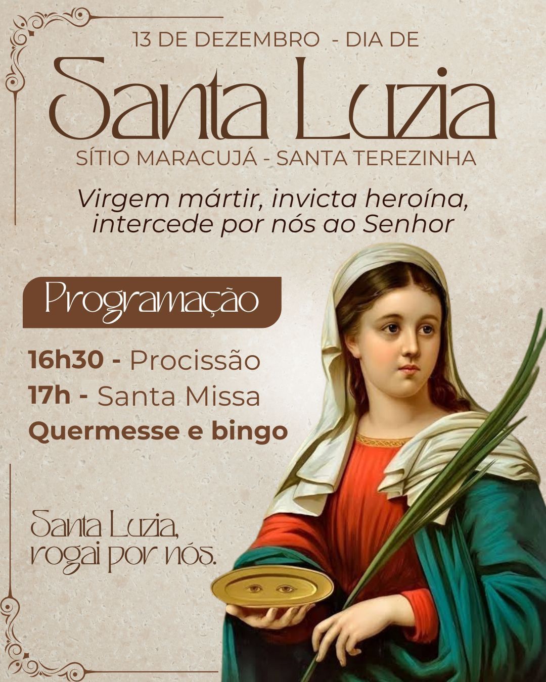 Comunidade do Maracujá celebra Santa Luzia com programação religiosa e festiva nesta sexta-feira (13)