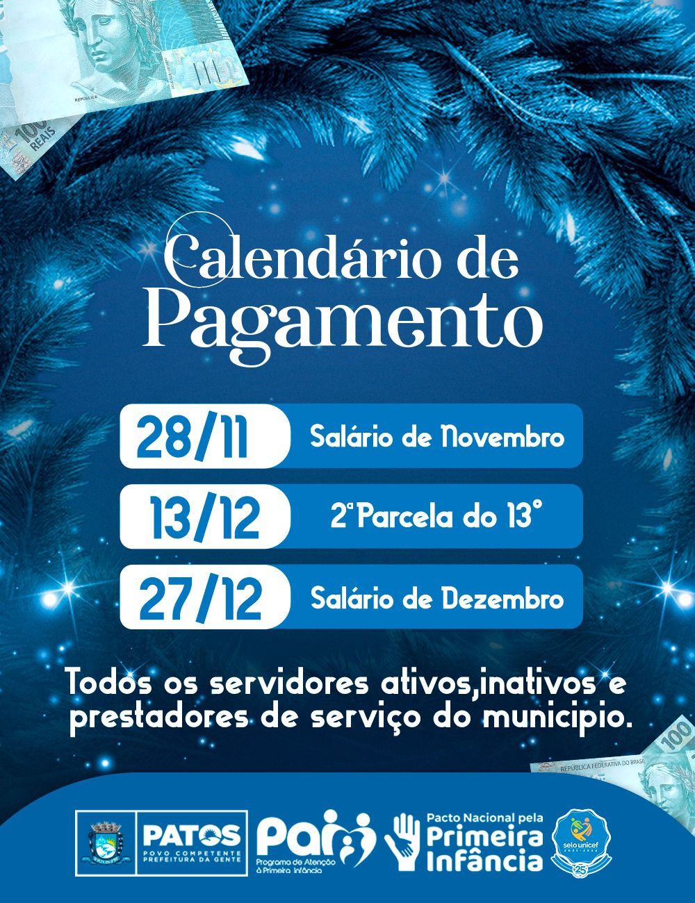 Prefeito de Patos anuncia calendário de pagamento do 13º e salários de novembro e dezembro dos servidores