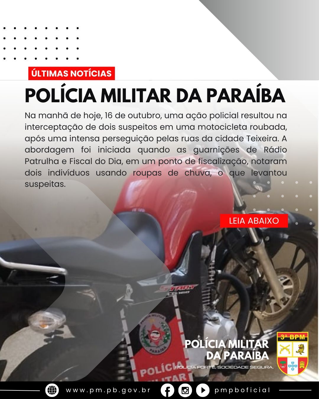 POLICIA MILITAR APREENDE MOTO ROUBADA APÓS TENTATIVA DE FUGA NA CIDADE DE TEIXEIRA