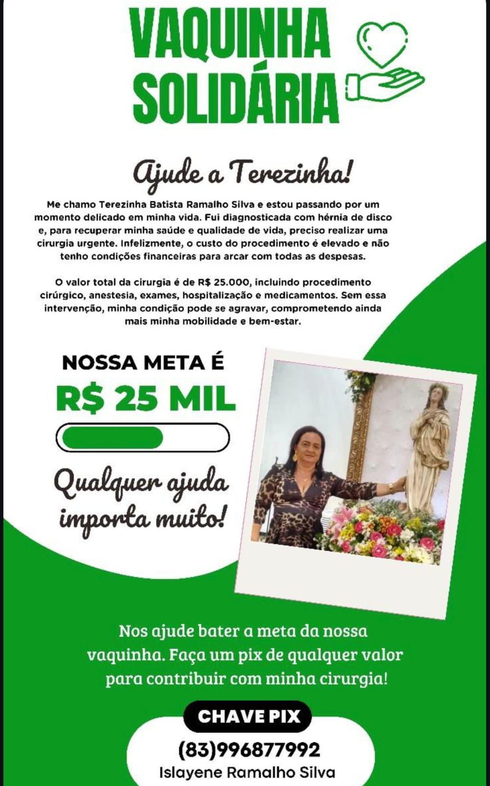 Família de Terezinha Batista organiza vaquinha solidária para custear cirurgia urgente; veja como ajudar