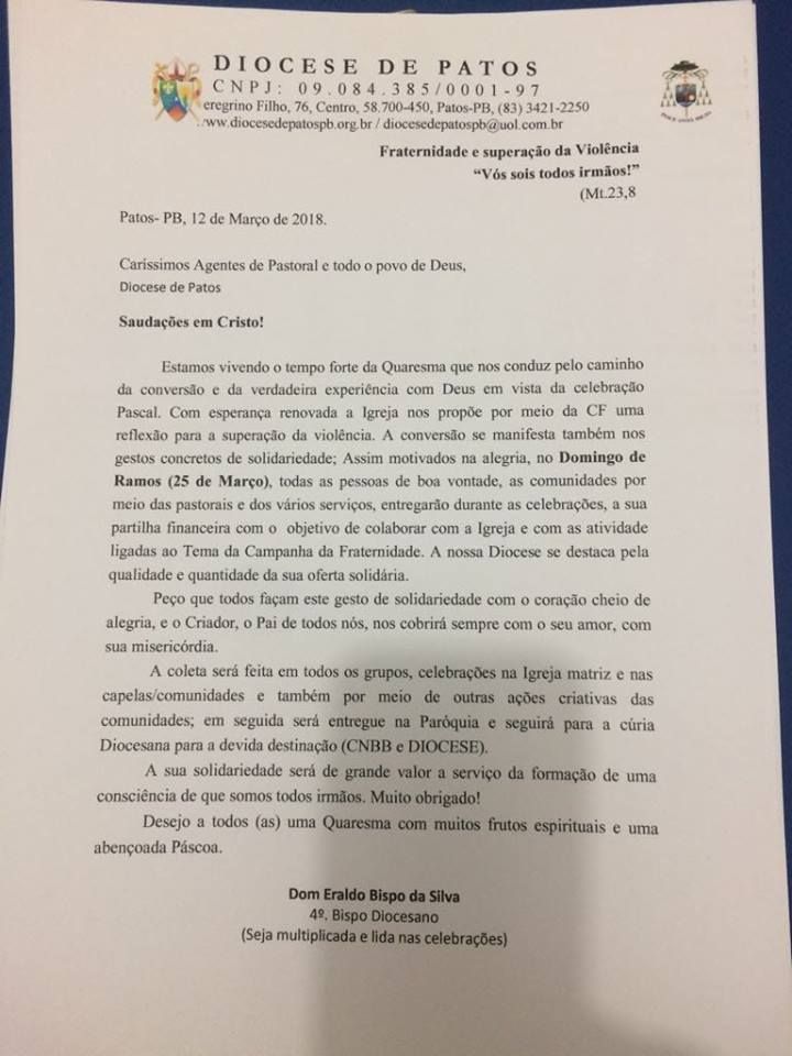 Carta de Dom Eraldo a todos os Diocesanos - Coleta solidária - CF  